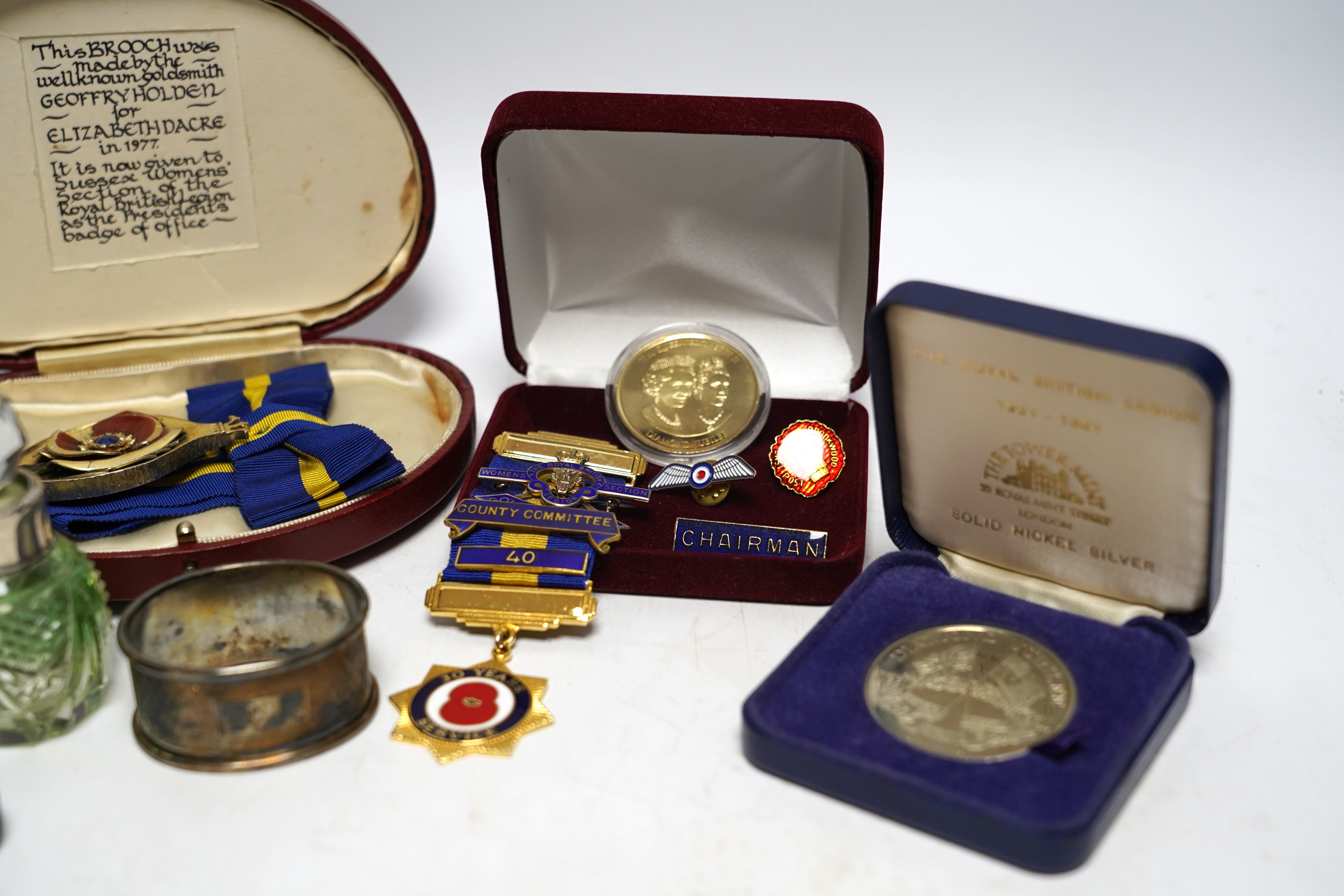 Royal British Legion interest, a Geoffrey Holden silver and enamel President's badge, silver medallions and sundries.